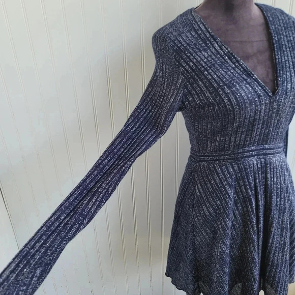 ZARA Womens Navy BLUE Silver Metallic KNIT V-NECK Mink DRESS Long Sleeve Sz M - Picture 6 of 14